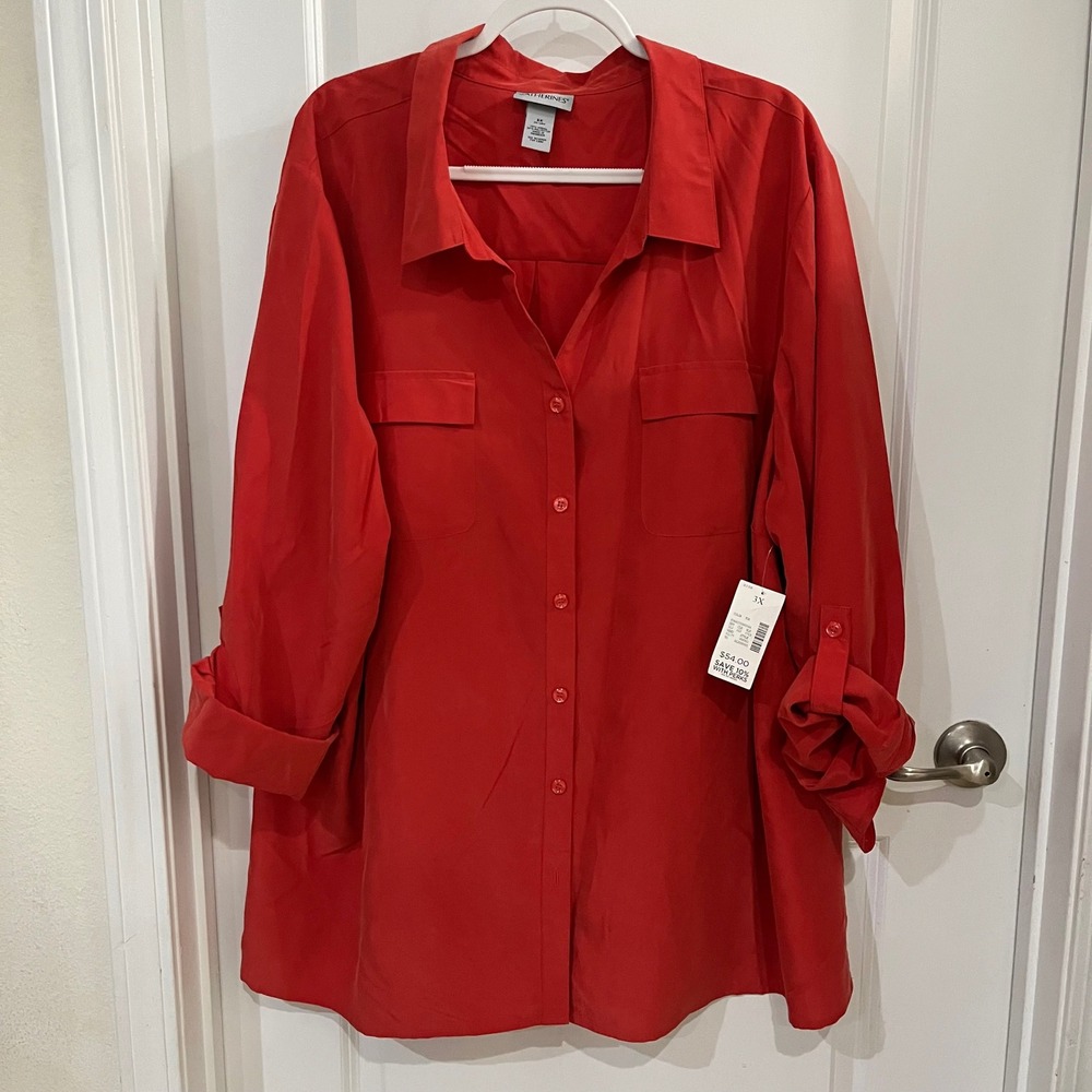 Catherines Red Roll Tab Sleeve Button Down Tunic Top 3X 26/28W New